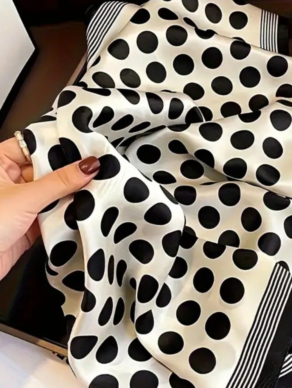 Silk-feel Black and Cream Polka Dot  Scarf Head Scarf, Neck Scarf